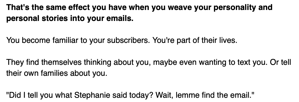 Example of personalization in the body of an email from Talking Shrimp:"Did I tell you what Stephanie said today?"