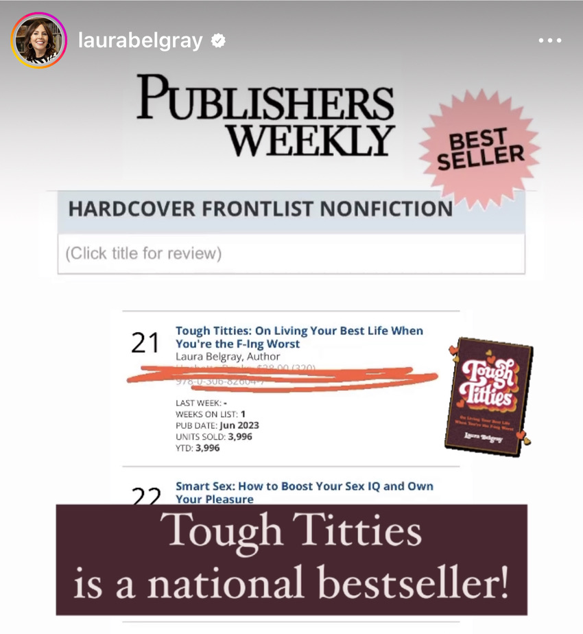 Screenshot of an Instagram post from Laura Belgray showing Tough Titties sitting at number 21 on the Publishers Weekly list. 
